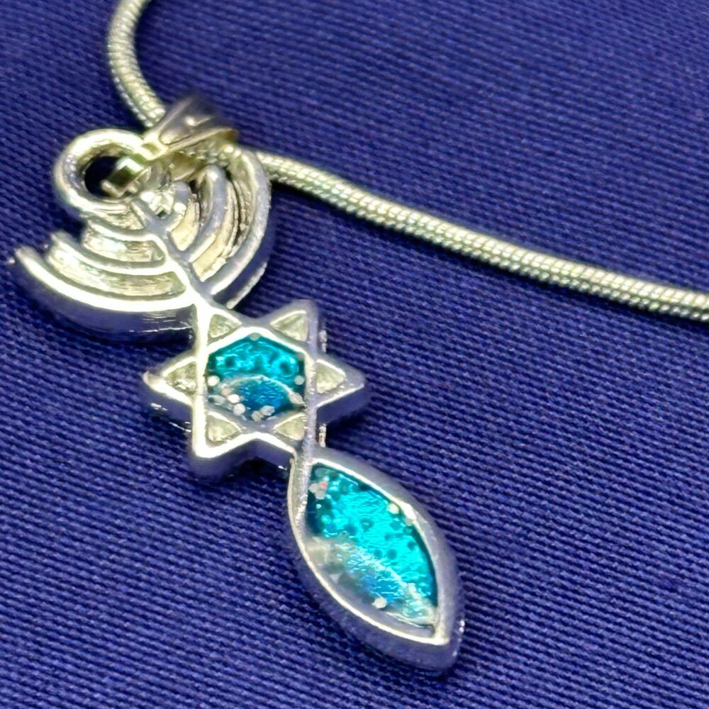 Messianic Pendant Menorah, Star Of David & Ichthus Symbol